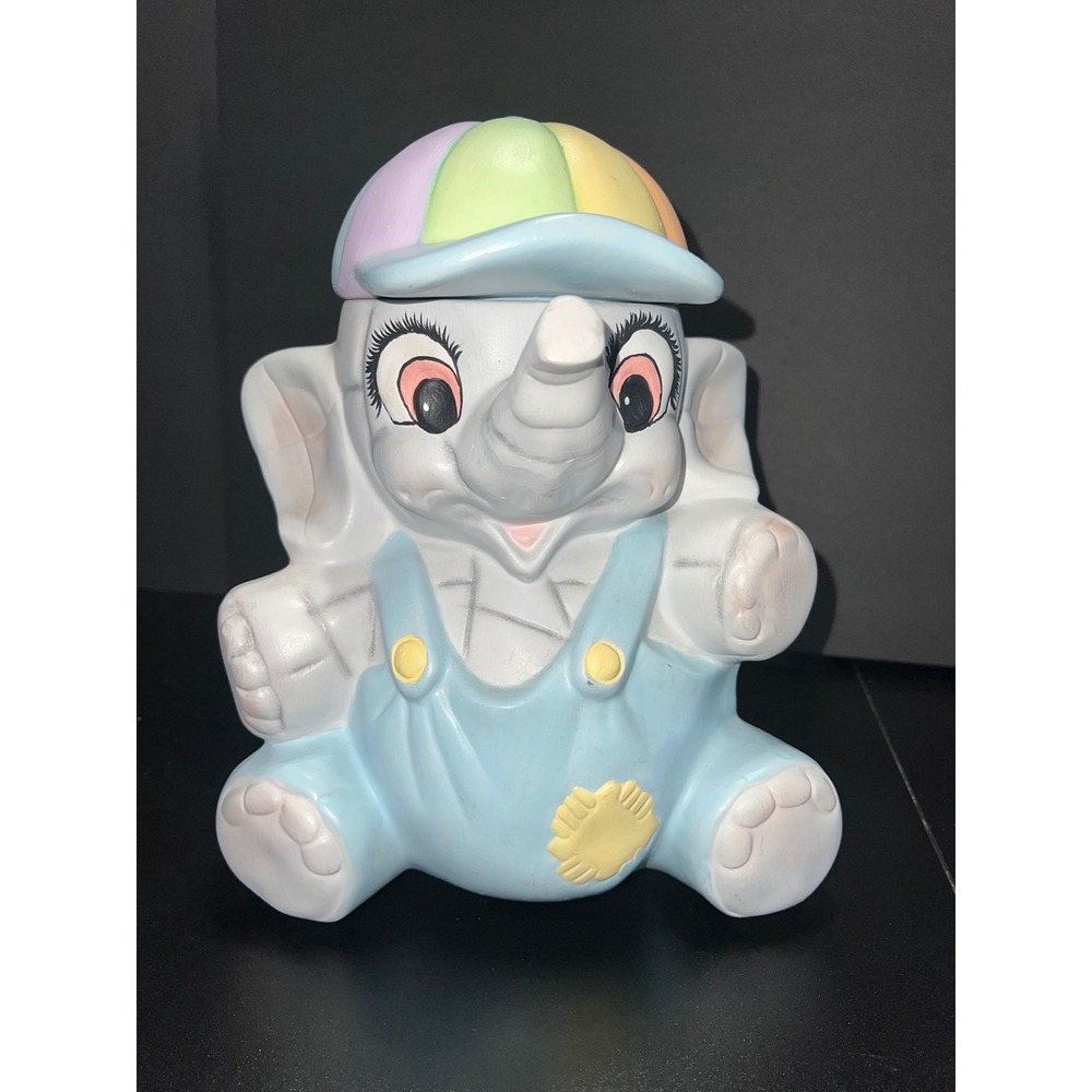 Vintage Ceramic American Bisque Elephant Cookie Jar Pastel Hand Painted Nursery